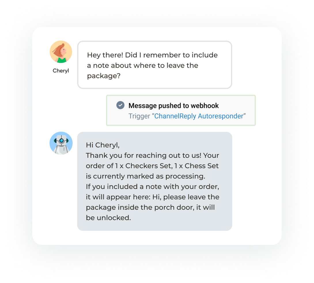 Illustration of a Zendesk autoresponder for WooCommerce personalized with items ordered, order quantities, and the buyer’s delivery note